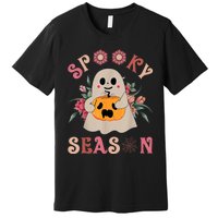 Groovy Spooky Season Cute Ghost Holding Pumpkin Halloween Premium T-Shirt