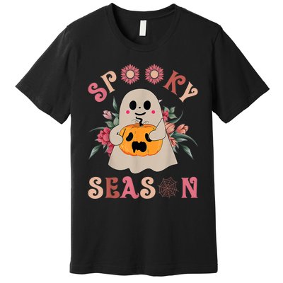 Groovy Spooky Season Cute Ghost Holding Pumpkin Halloween Premium T-Shirt