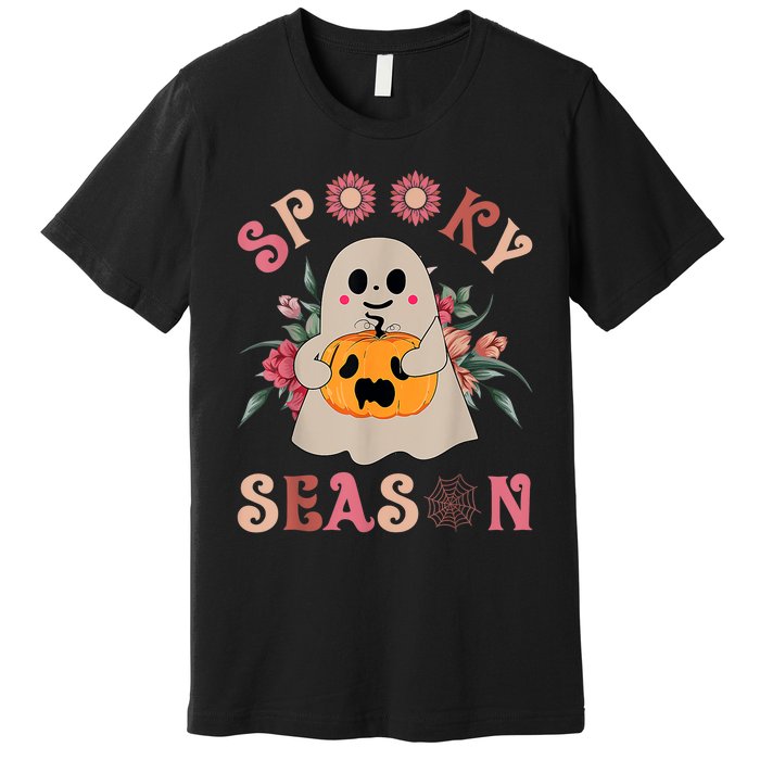 Groovy Spooky Season Cute Ghost Holding Pumpkin Halloween Premium T-Shirt