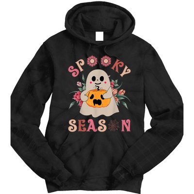 Groovy Spooky Season Cute Ghost Holding Pumpkin Halloween Tie Dye Hoodie