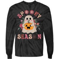 Groovy Spooky Season Cute Ghost Holding Pumpkin Halloween Tie-Dye Long Sleeve Shirt