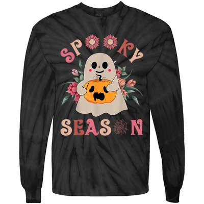 Groovy Spooky Season Cute Ghost Holding Pumpkin Halloween Tie-Dye Long Sleeve Shirt