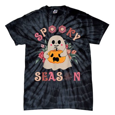 Groovy Spooky Season Cute Ghost Holding Pumpkin Halloween Tie-Dye T-Shirt