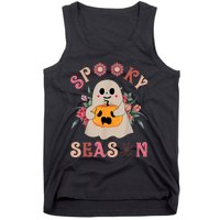 Groovy Spooky Season Cute Ghost Holding Pumpkin Halloween Tank Top