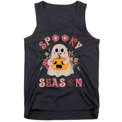 Groovy Spooky Season Cute Ghost Holding Pumpkin Halloween Tank Top