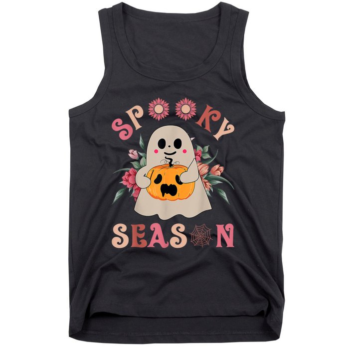 Groovy Spooky Season Cute Ghost Holding Pumpkin Halloween Tank Top