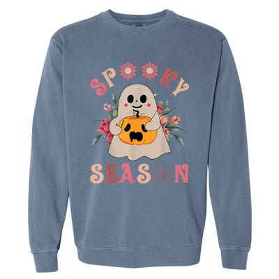 Groovy Spooky Season Cute Ghost Holding Pumpkin Halloween Garment-Dyed Sweatshirt