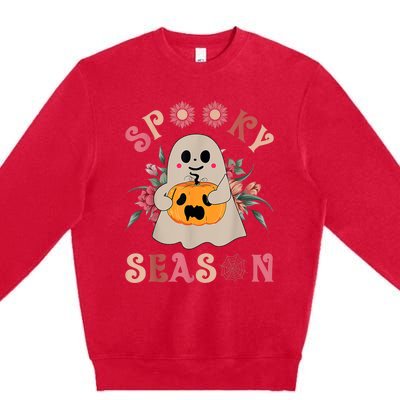 Groovy Spooky Season Cute Ghost Holding Pumpkin Halloween Premium Crewneck Sweatshirt