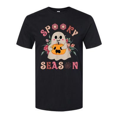 Groovy Spooky Season Cute Ghost Holding Pumpkin Halloween Softstyle CVC T-Shirt