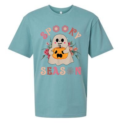 Groovy Spooky Season Cute Ghost Holding Pumpkin Halloween Sueded Cloud Jersey T-Shirt