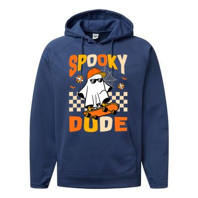 Ghost Skateboard Spooky Dude Groovy Halloween Boo Boy Performance Fleece Hoodie