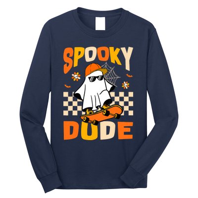 Ghost Skateboard Spooky Dude Groovy Halloween Boo Boy Long Sleeve Shirt