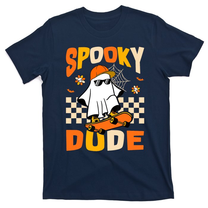 Ghost Skateboard Spooky Dude Groovy Halloween Boo Boy T-Shirt