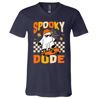 Ghost Skateboard Spooky Dude Groovy Halloween Boo Boy V-Neck T-Shirt