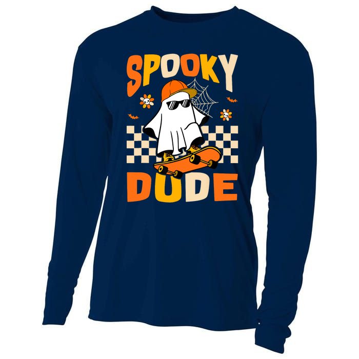 Ghost Skateboard Spooky Dude Groovy Halloween Boo Boy Cooling Performance Long Sleeve Crew