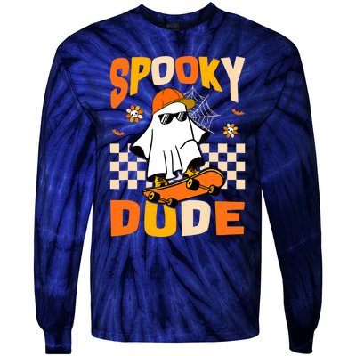 Ghost Skateboard Spooky Dude Groovy Halloween Boo Boy Tie-Dye Long Sleeve Shirt