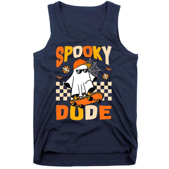 Ghost Skateboard Spooky Dude Groovy Halloween Boo Boy Tank Top