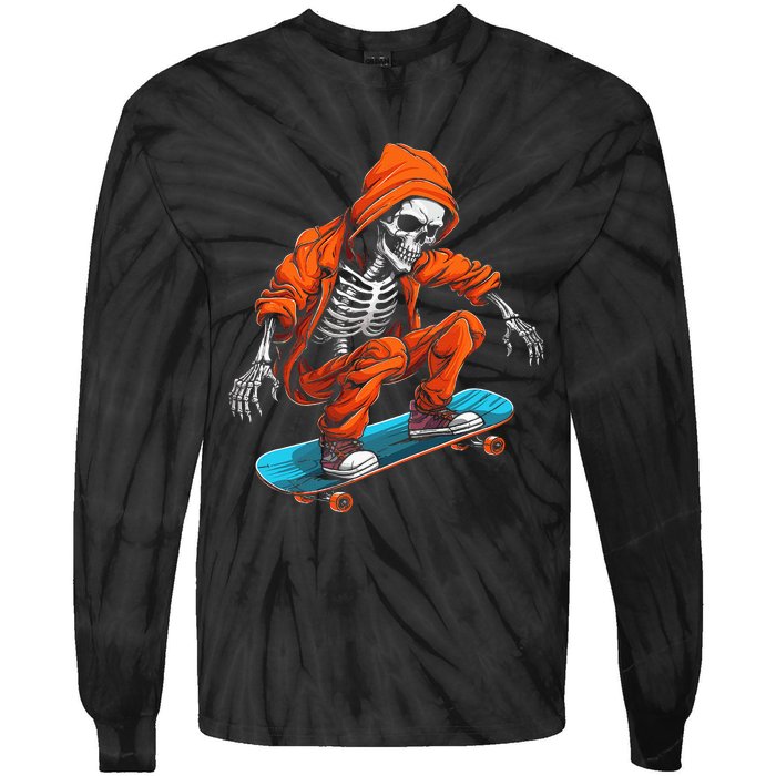 Ghost Skeleton Skater Cap Skateboard Halloween Skull Tie-Dye Long Sleeve Shirt