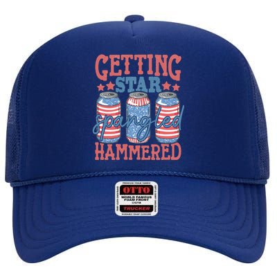 Getting Star Spangled Hammered 4th Of July Retro Style Beer Gift High Crown Mesh Back Trucker Hat