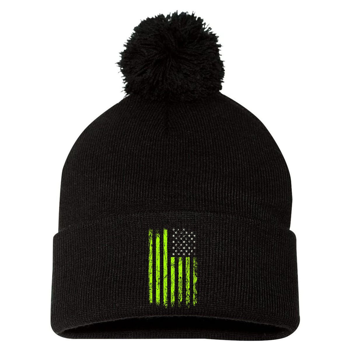Green Stars & Stripes.American Usa Flag Green Color Pom Pom 12in Knit Beanie
