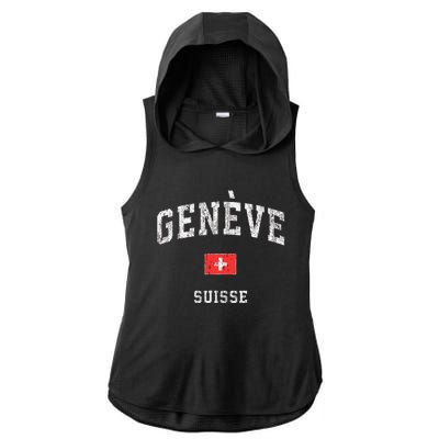 Geneva Suisse Switzerland Vintage Athletic Sports Design Ladies PosiCharge Tri-Blend Wicking Draft Hoodie Tank