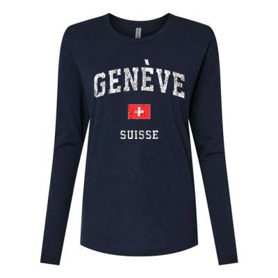 Geneva Suisse Switzerland Vintage Athletic Sports Design Womens Cotton Relaxed Long Sleeve T-Shirt