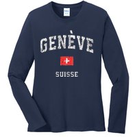 Geneva Suisse Switzerland Vintage Athletic Sports Design Ladies Long Sleeve Shirt