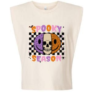 Groovy Spooky Season Halloween Ghost Boo Smile Face Pumpkin Garment-Dyed Women's Muscle Tee