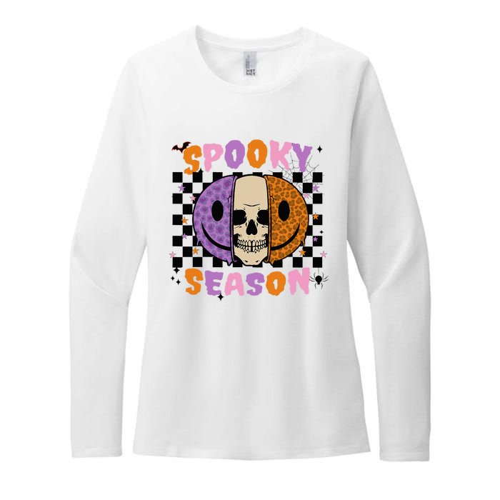 Groovy Spooky Season Halloween Ghost Boo Smile Face Pumpkin Womens CVC Long Sleeve Shirt