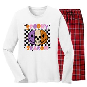 Groovy Spooky Season Halloween Ghost Boo Smile Face Pumpkin Women's Long Sleeve Flannel Pajama Set 