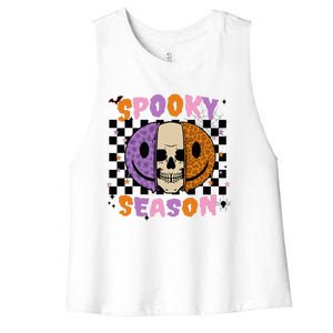 Groovy Spooky Season Halloween Ghost Boo Smile Face Pumpkin Women's Racerback Cropped Tank