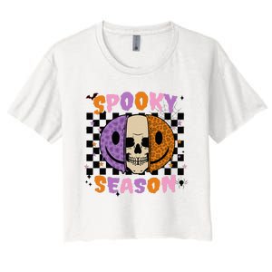 Groovy Spooky Season Halloween Ghost Boo Smile Face Pumpkin Women's Crop Top Tee