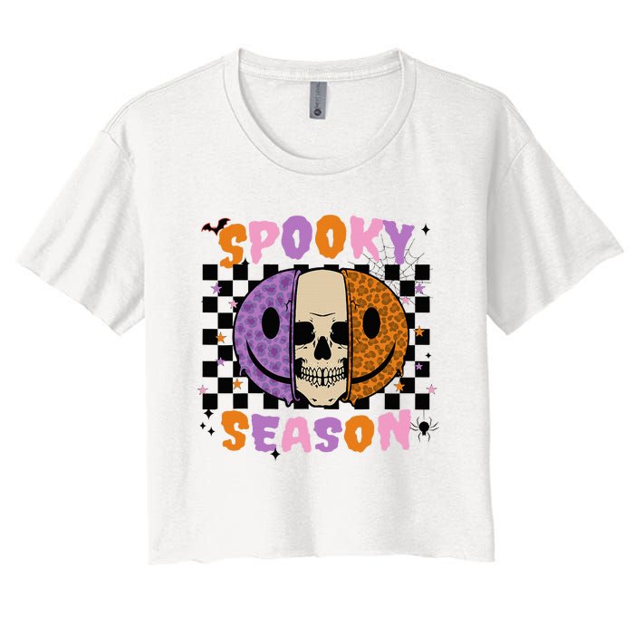 Groovy Spooky Season Halloween Ghost Boo Smile Face Pumpkin Women's Crop Top Tee