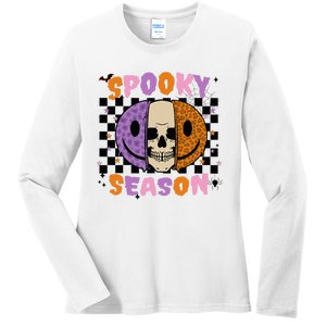 Groovy Spooky Season Halloween Ghost Boo Smile Face Pumpkin Ladies Long Sleeve Shirt