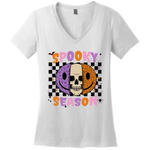 Groovy Spooky Season Halloween Ghost Boo Smile Face Pumpkin Women's V-Neck T-Shirt