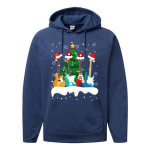 Guitar Santa Snow Christmas Tree Funny For Music Lovers Xmas Great Gift Performance Fleece Hoodie