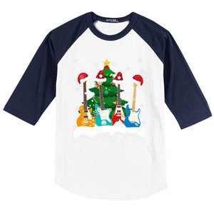 Guitar Santa Snow Christmas Tree Funny For Music Lovers Xmas Great Gift Baseball Sleeve Shirt