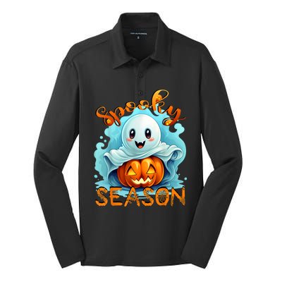 Groovy Spooky Season Cute Ghost Holding Pumpkin Halloween Silk Touch Performance Long Sleeve Polo