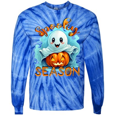 Groovy Spooky Season Cute Ghost Holding Pumpkin Halloween Tie-Dye Long Sleeve Shirt