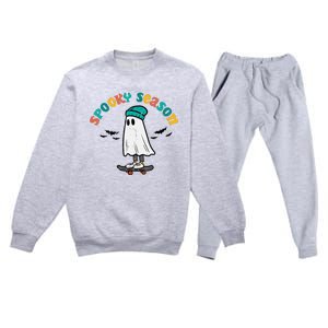 Ghost Skateboard Spooky Season Retro Halloween Costume Premium Crewneck Sweatsuit Set