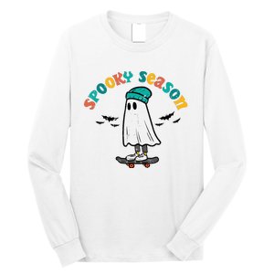 Ghost Skateboard Spooky Season Retro Halloween Costume Long Sleeve Shirt