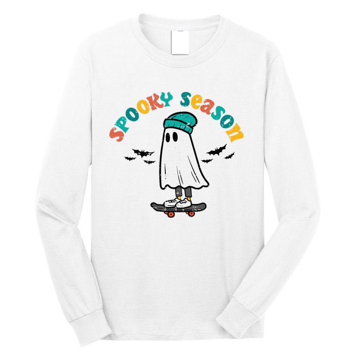 Ghost Skateboard Spooky Season Retro Halloween Costume Long Sleeve Shirt