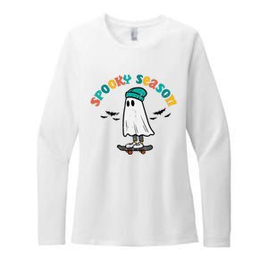 Ghost Skateboard Spooky Season Retro Halloween Costume Womens CVC Long Sleeve Shirt