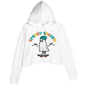 Ghost Skateboard Spooky Season Retro Halloween Costume Crop Fleece Hoodie