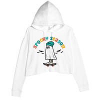 Ghost Skateboard Spooky Season Retro Halloween Costume Crop Fleece Hoodie