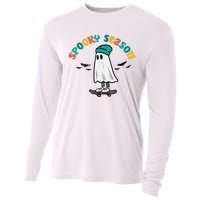 Ghost Skateboard Spooky Season Retro Halloween Costume Cooling Performance Long Sleeve Crew