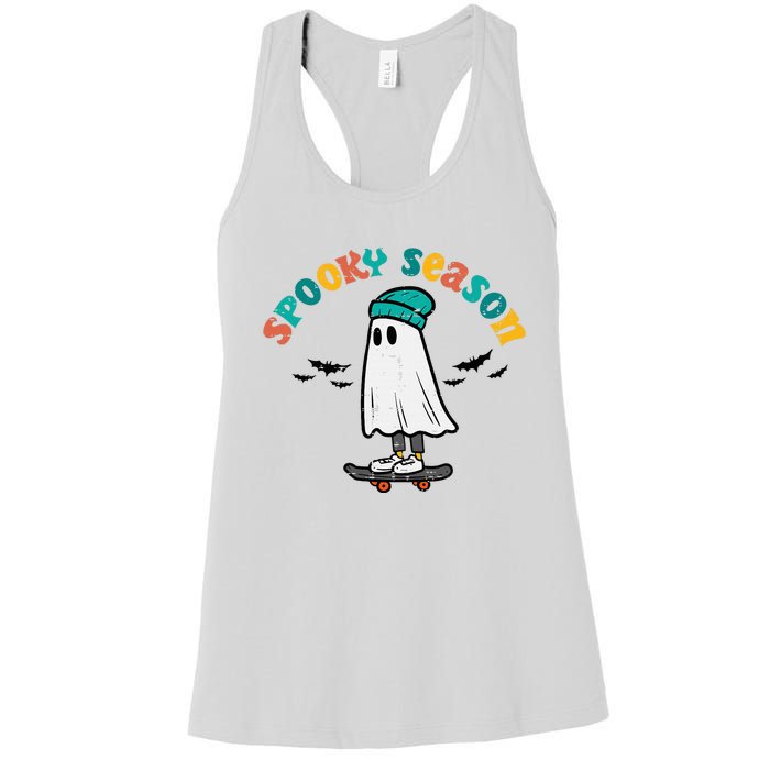 Ghost Skateboard Spooky Season Retro Halloween Costume Women's Racerback Tank