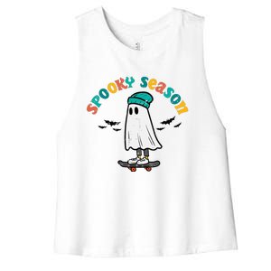 Ghost Skateboard Spooky Season Retro Halloween Costume Women's Racerback Cropped Tank