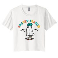 Ghost Skateboard Spooky Season Retro Halloween Costume Women's Crop Top Tee