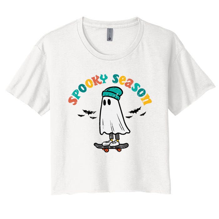 Ghost Skateboard Spooky Season Retro Halloween Costume Women's Crop Top Tee